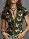 Butterfly Print Short Sleeve Denim Look Shirt