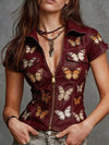 Butterfly Print Short Sleeve Denim Look Shirt