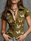 Butterfly Print Short Sleeve Denim Look Shirt