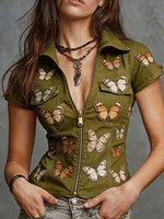 Butterfly Print Short Sleeve Denim Look Shirt
