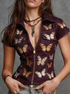 Butterfly Print Short Sleeve Denim Look Shirt