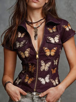 Butterfly Print Short Sleeve Denim Look Shirt